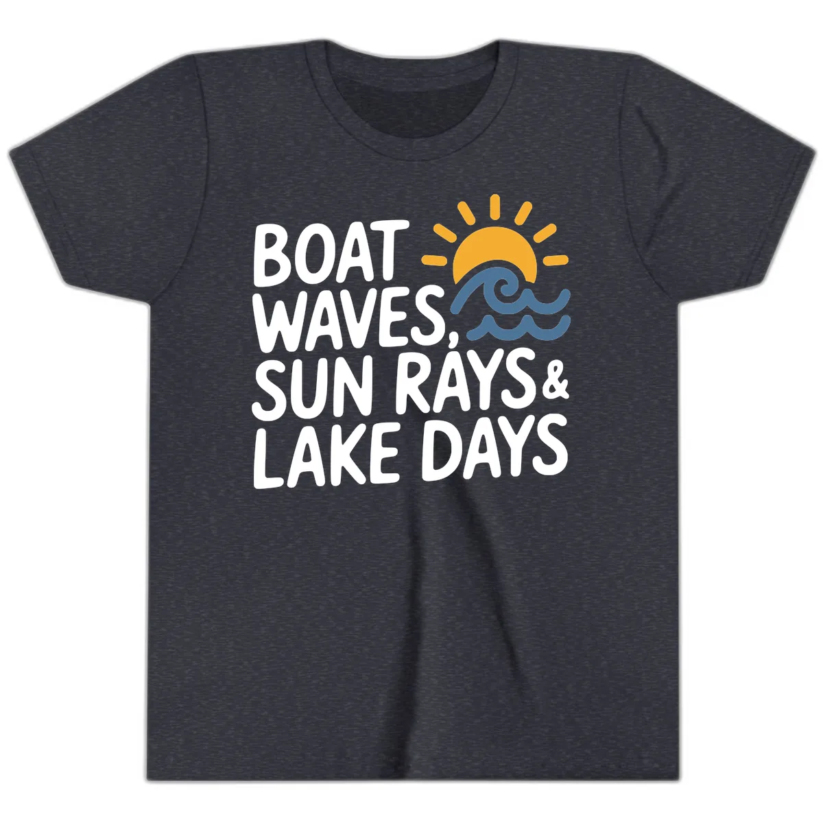 Boat Waves Sun Rays Lake Days Youth T-Shirt in Heather Navy