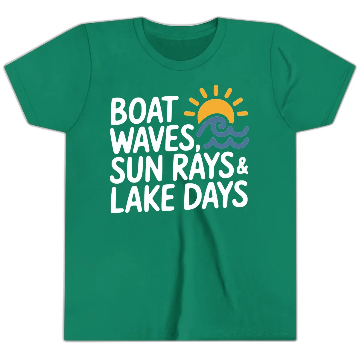 Boat Waves Sun Rays Lake Days Youth T-Shirt in Kelly