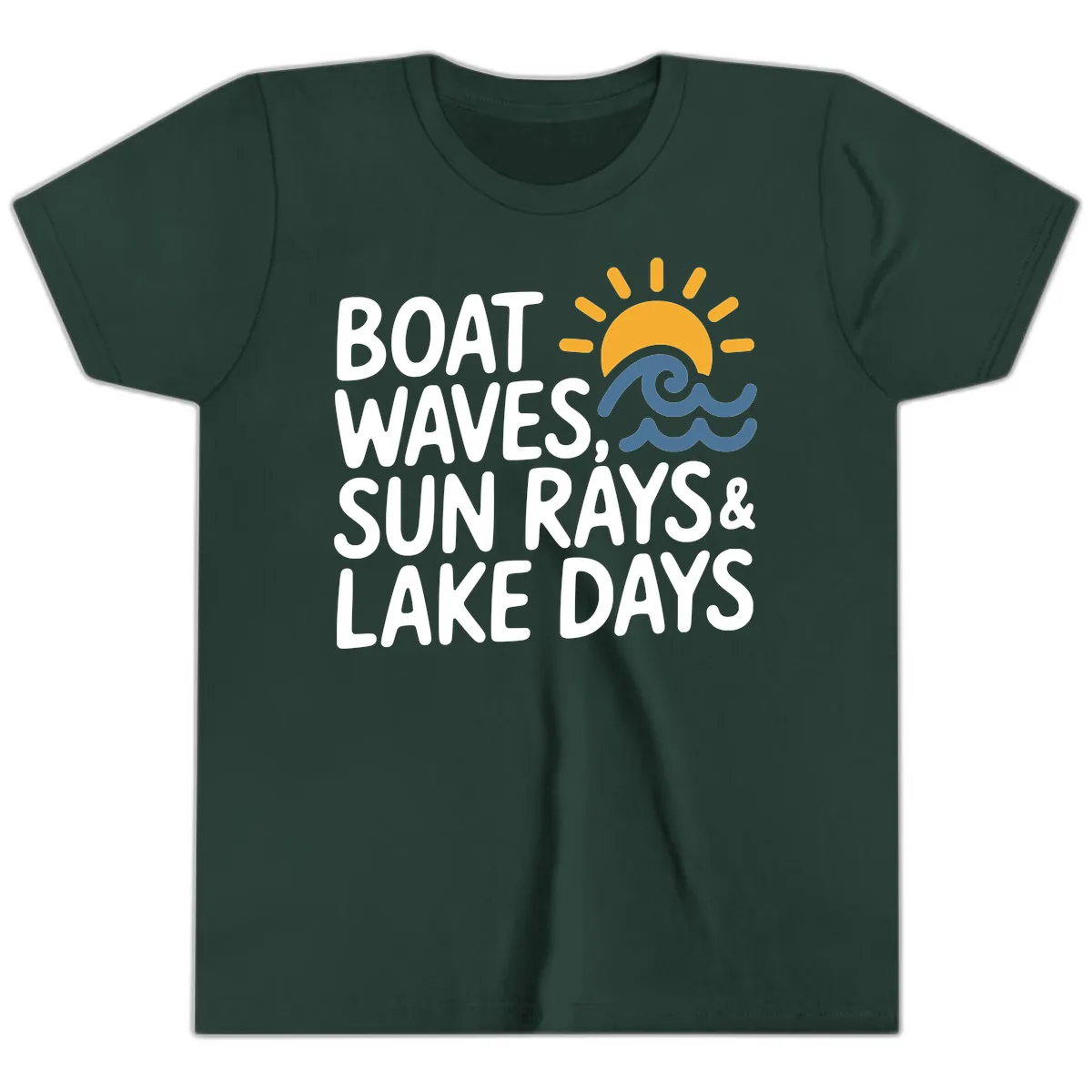 Boat Waves Sun Rays Lake Days Youth T-Shirt in Forest