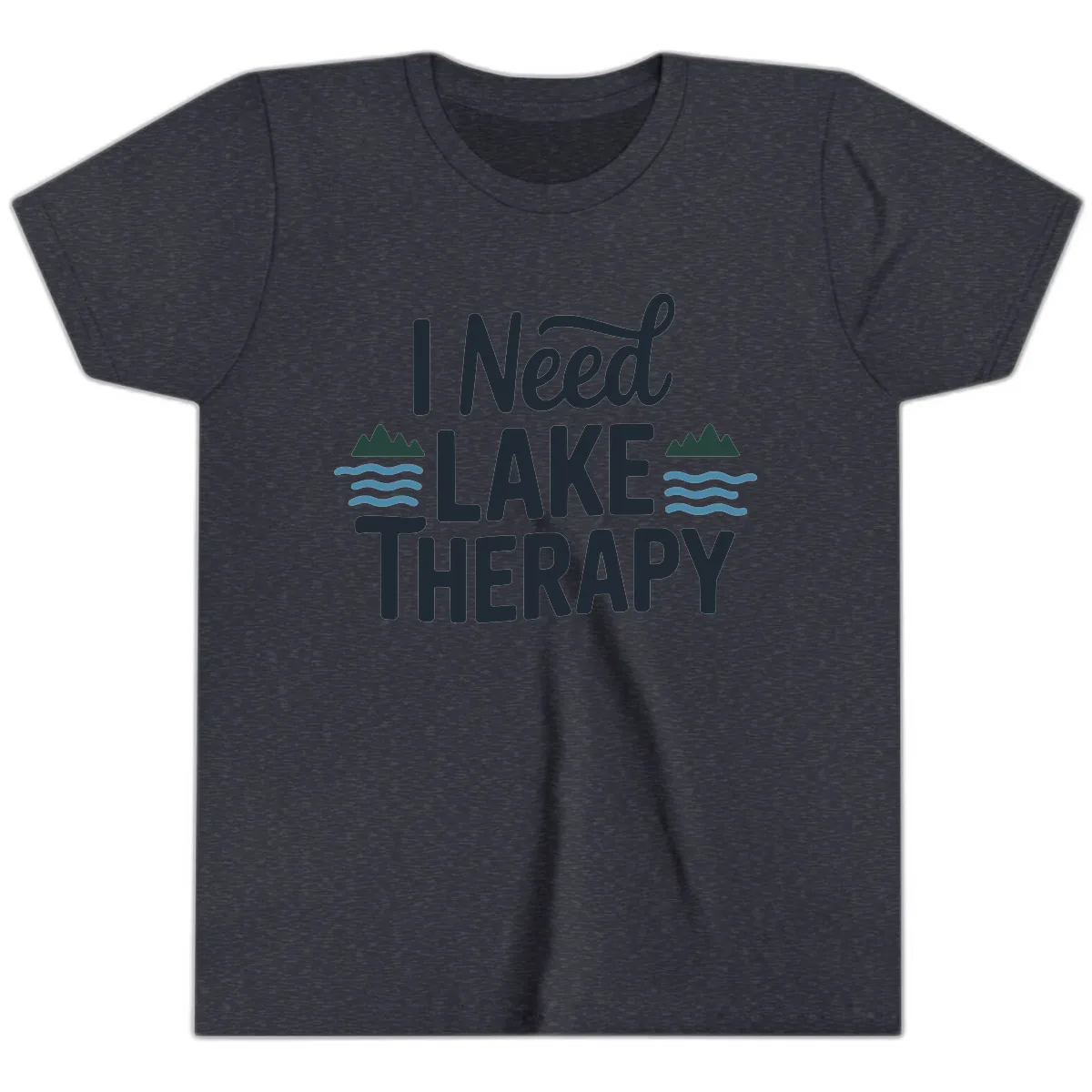 I Need Lake Therapy Typography Youth T-Shirt in Heather Navy