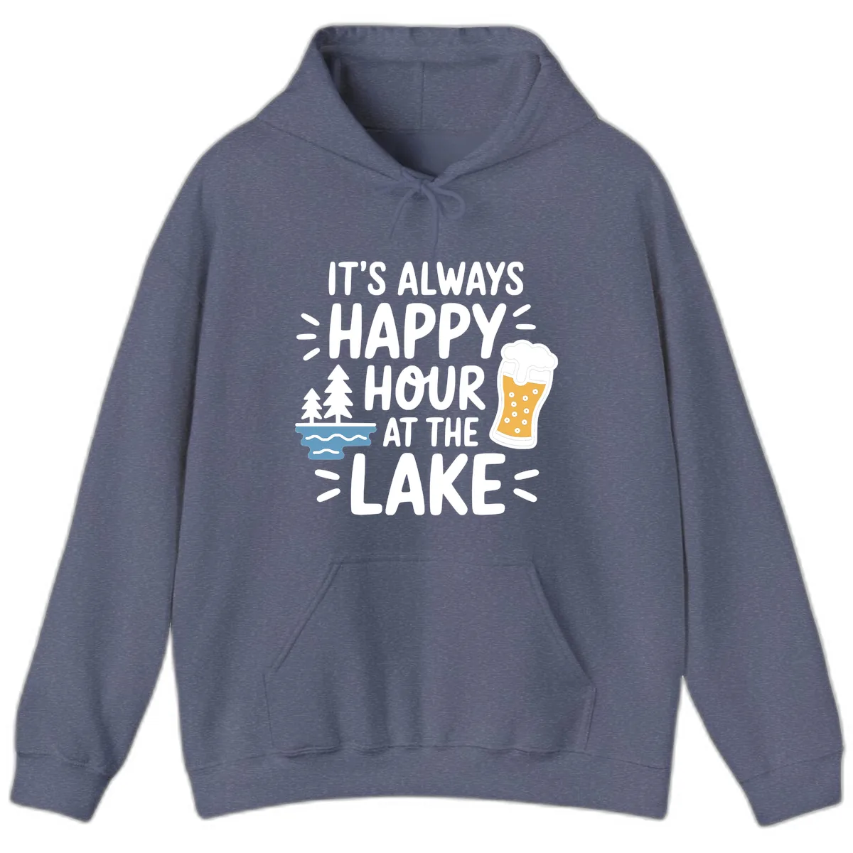 It's Always Happy Hour At The Lake Hoodie in Heather Navy