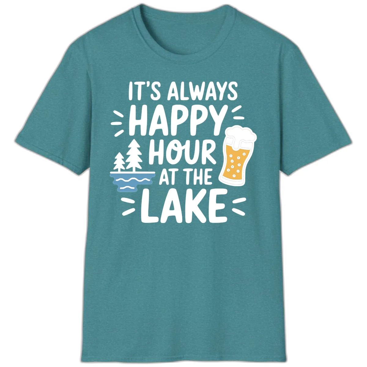 It's Always Happy Hour At The Lake T-Shirt in Heather Galapagos Blue