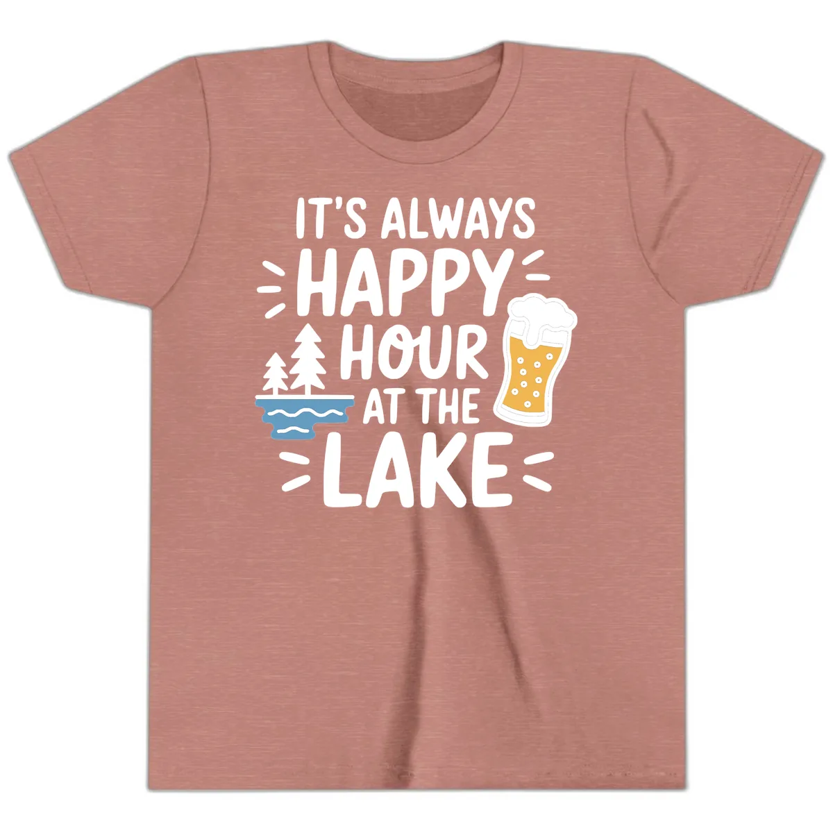 It's Always Happy Hour At The Lake Youth T-Shirt in Heather Mauve