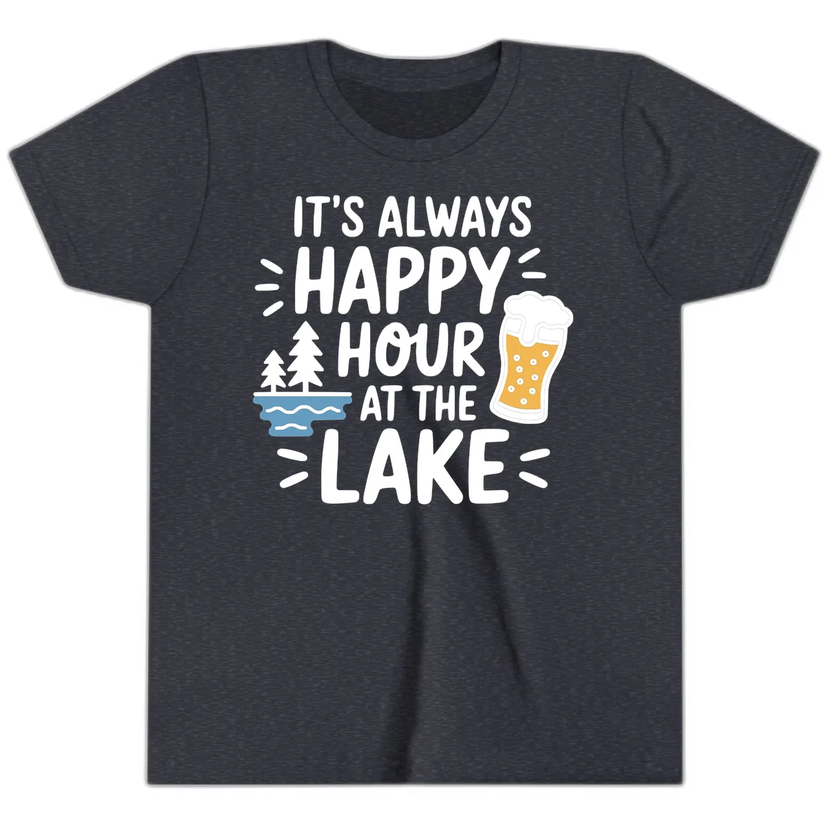 It's Always Happy Hour At The Lake Youth T-Shirt in Heather Navy