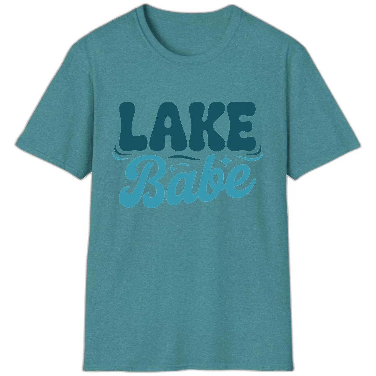 Retro Lake Babe Graphic Design T-Shirt in Heather Galapagos Blue
