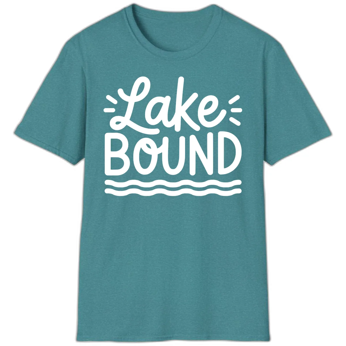 Lake Bound Typography Design T-Shirt in Heather Galapagos Blue
