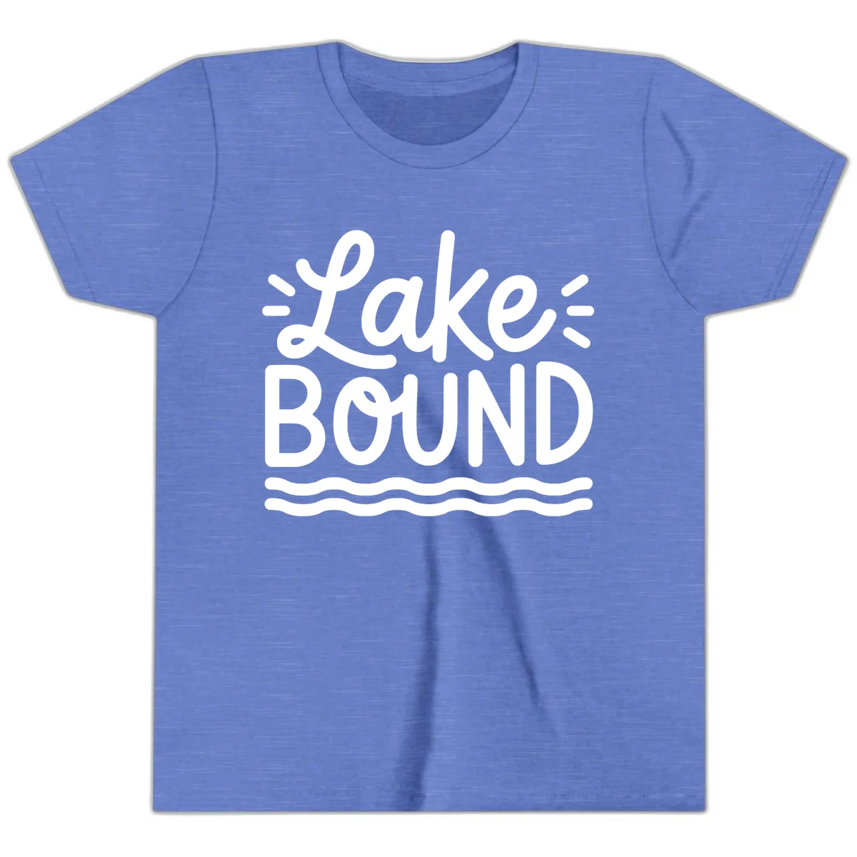 Lake Bound Typography Design Youth T-Shirt in Heather Columbia Blue
