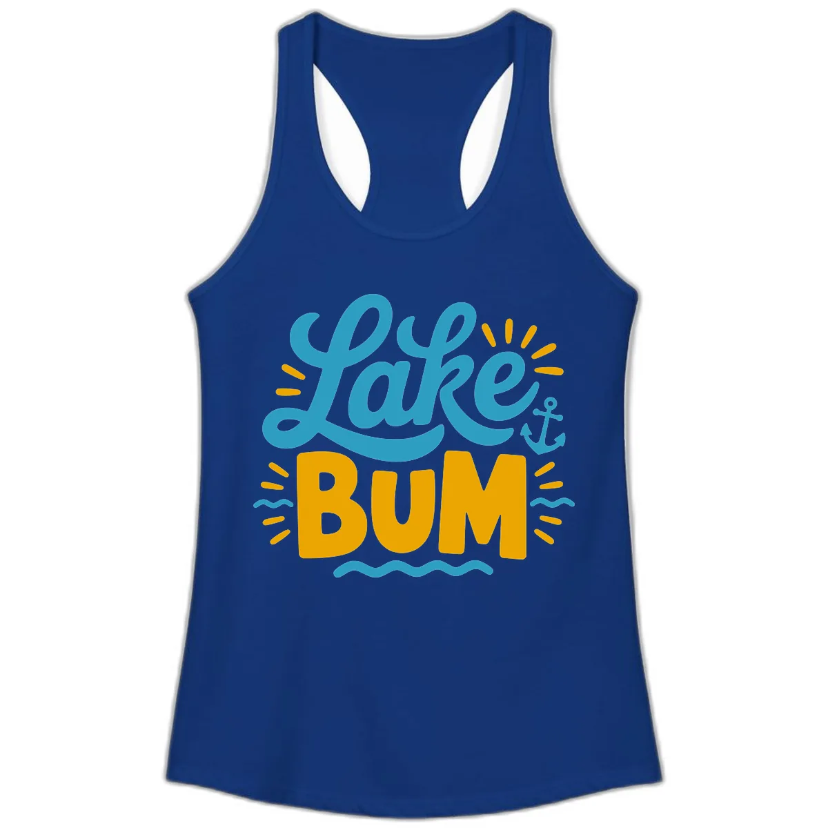 Lake Bum Typography Design Ladies Tank in Solid Royal