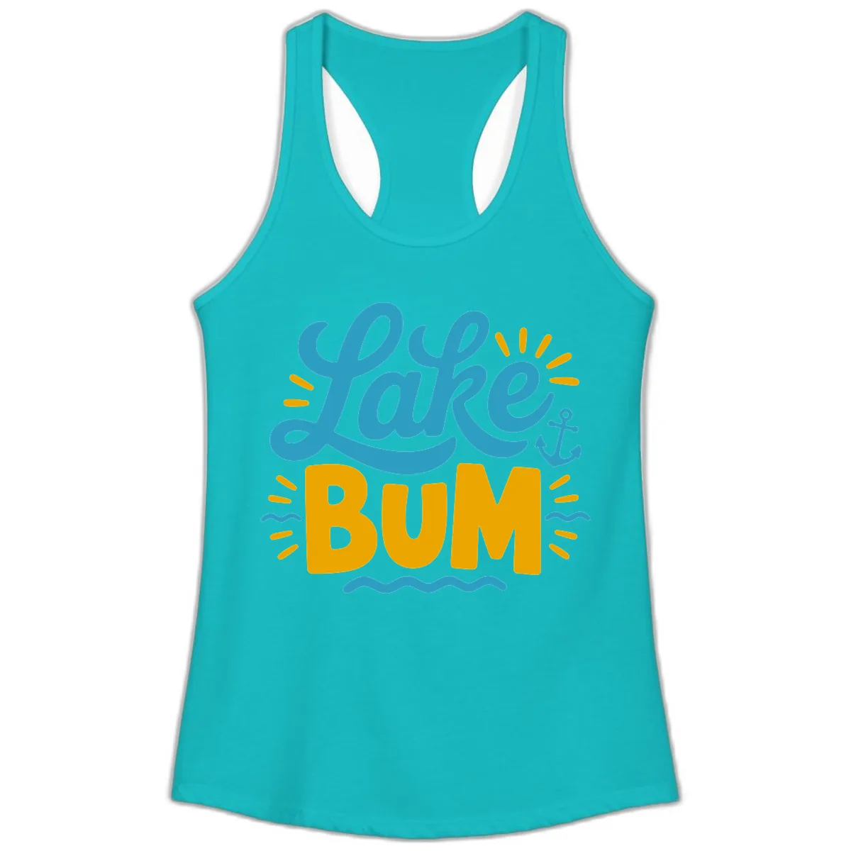 Lake Bum Typography Design Ladies Tank in Tahiti Blue