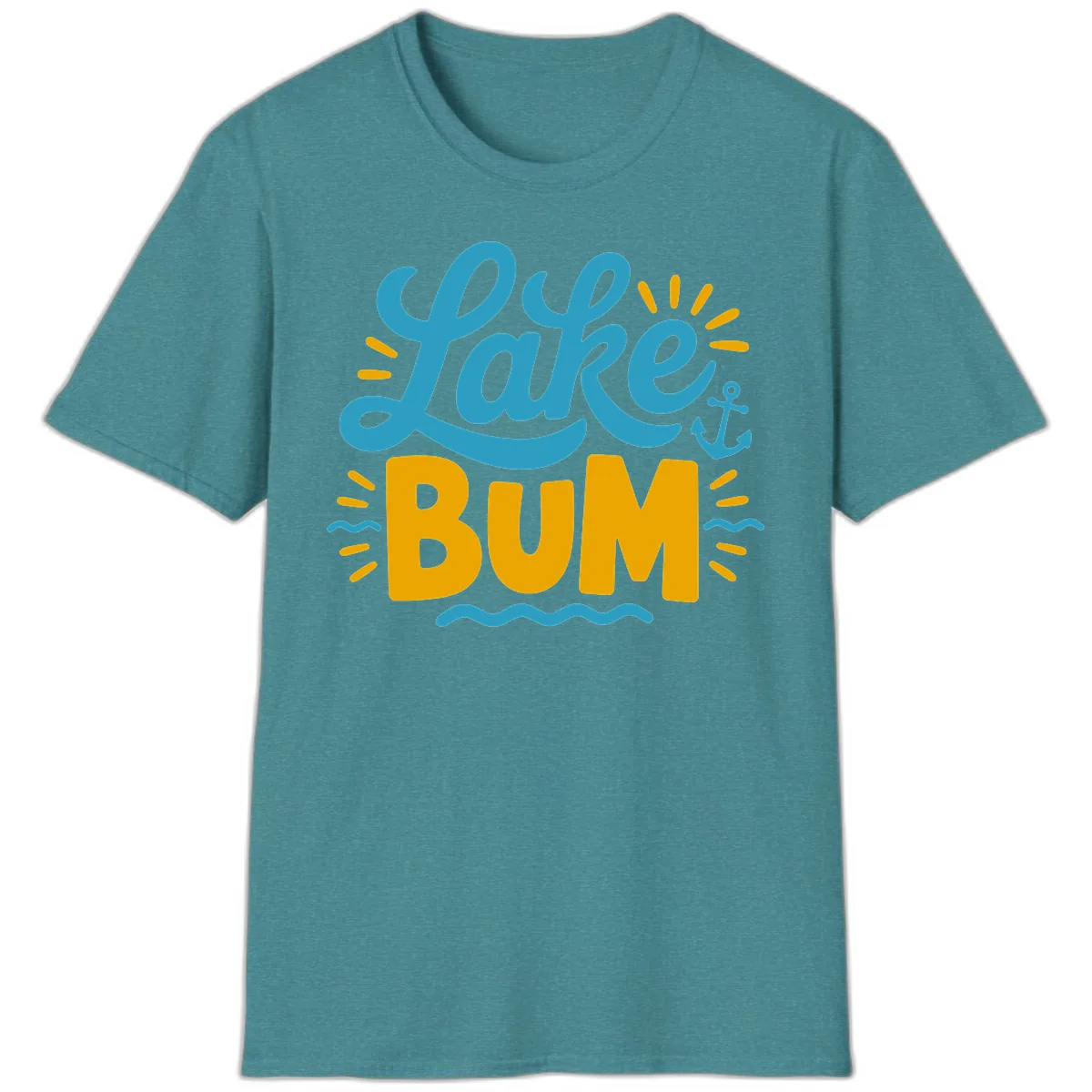 Lake Bum Typography Design T-Shirt in Heather Galapagos Blue