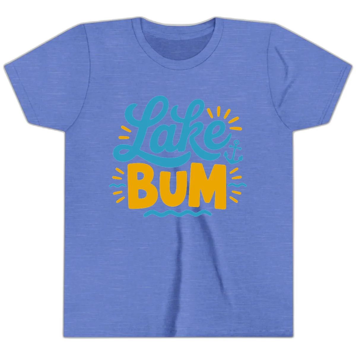 Lake Bum Typography Design Youth T-Shirt in Heather Columbia Blue
