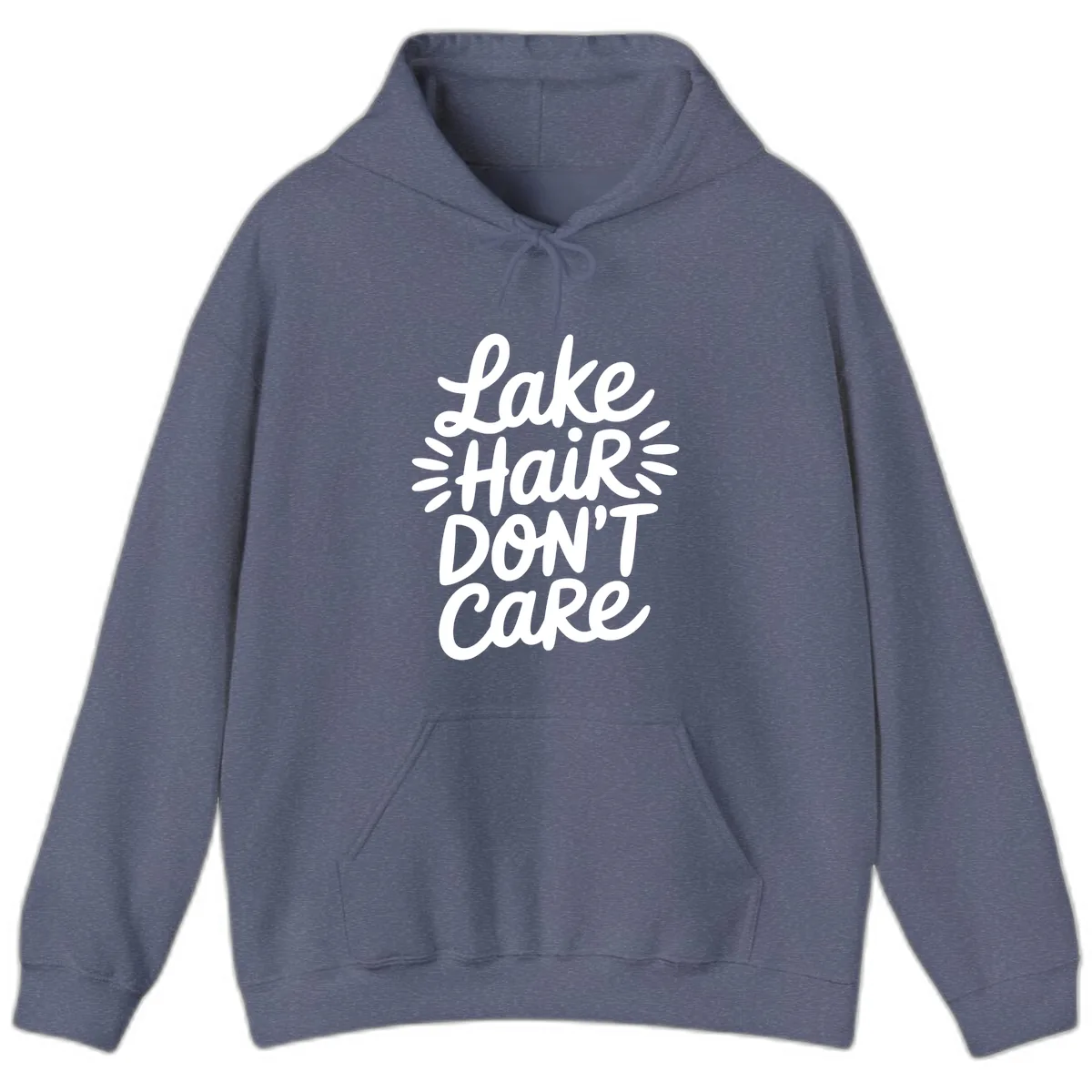 Lake Hair Don't Care Typography Design Hoodie in Heather Navy