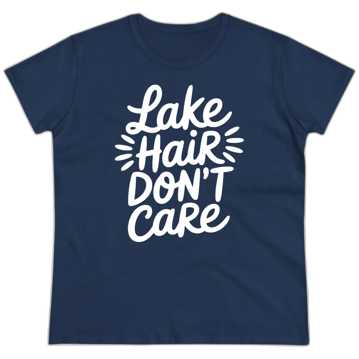 Lake Hair Don't Care Typography Design Ladies Tee in Navy