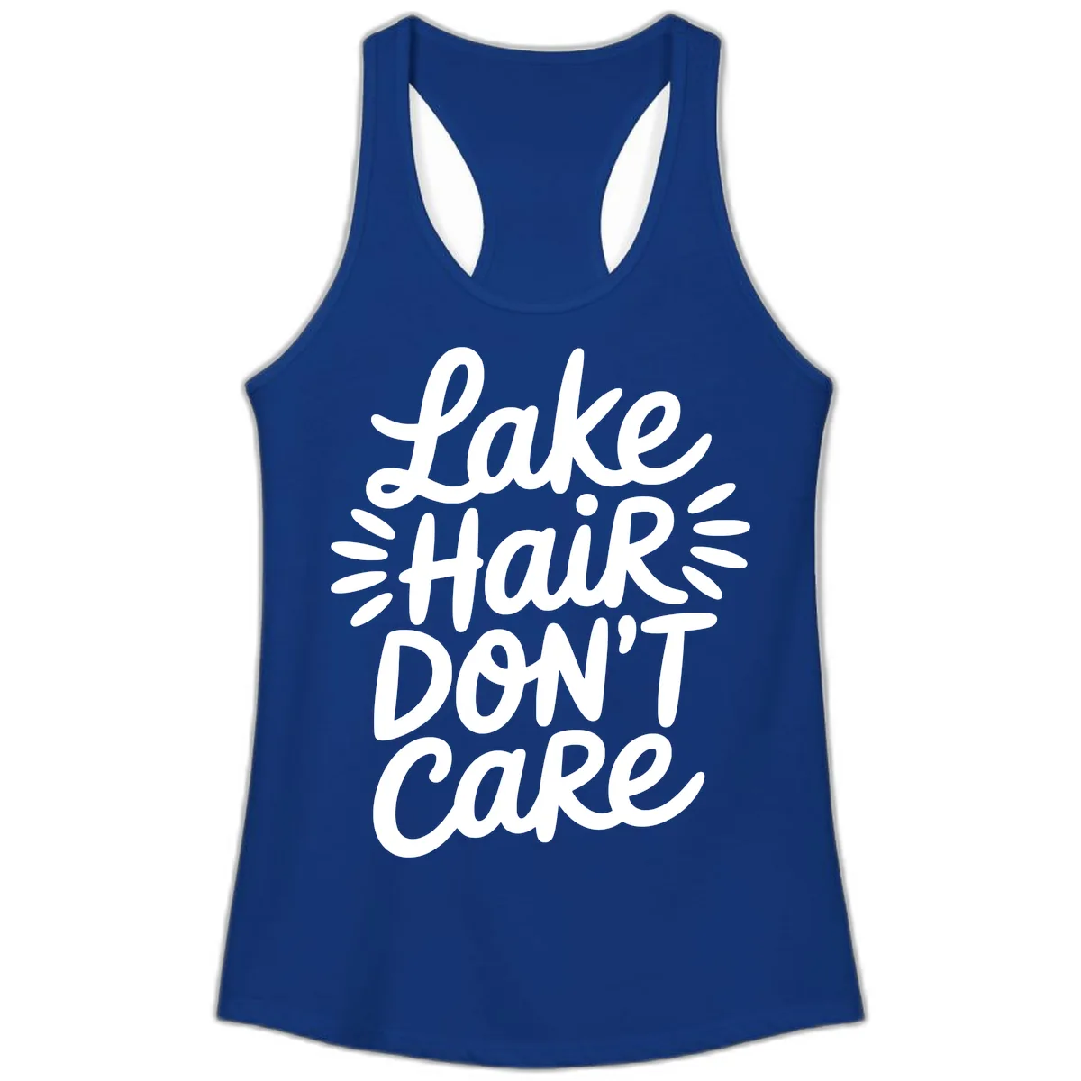 Lake Hair Don't Care Typography Design Ladies Tank in Solid Royal