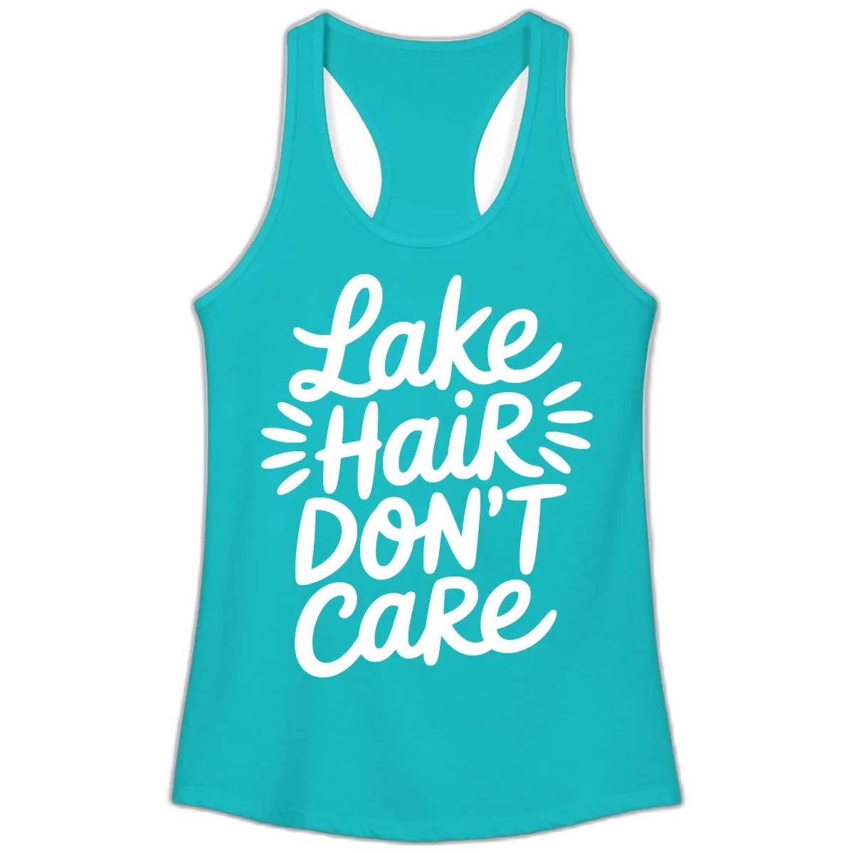 Lake Hair Don't Care Typography Design Ladies Tank in Tahiti Blue