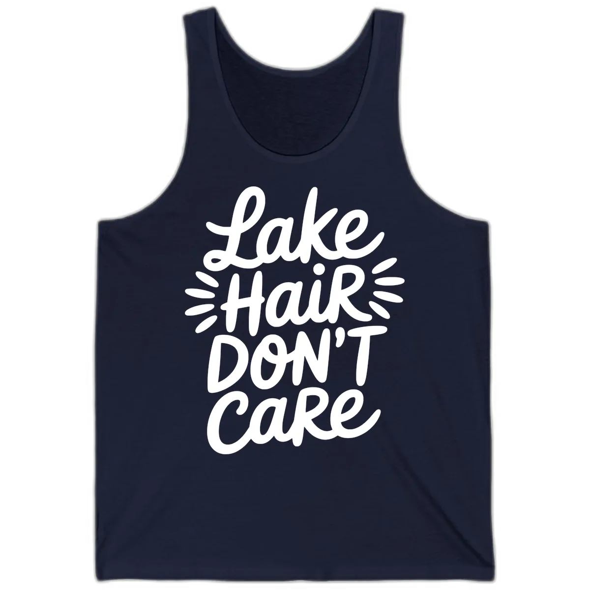 Lake Hair Don't Care Typography Design Tank in Navy