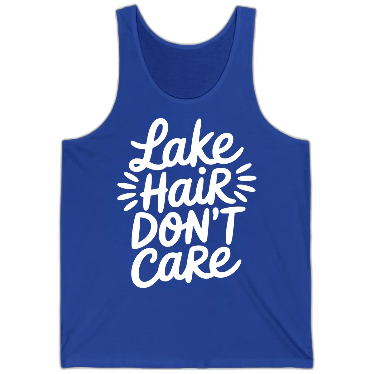 Lake Hair Don't Care Typography Design Tank in True Royal