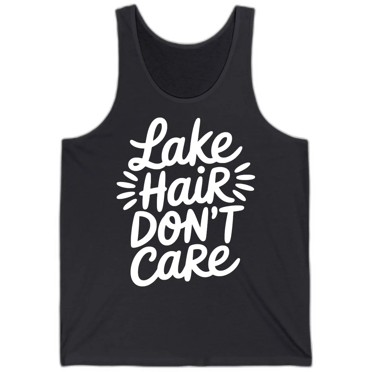 Lake Hair Don't Care Typography Design Tank in Dark Grey
