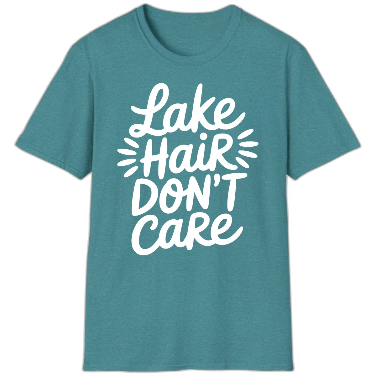 Lake Hair Don't Care Typography Design T-Shirt in Heather Galapagos Blue