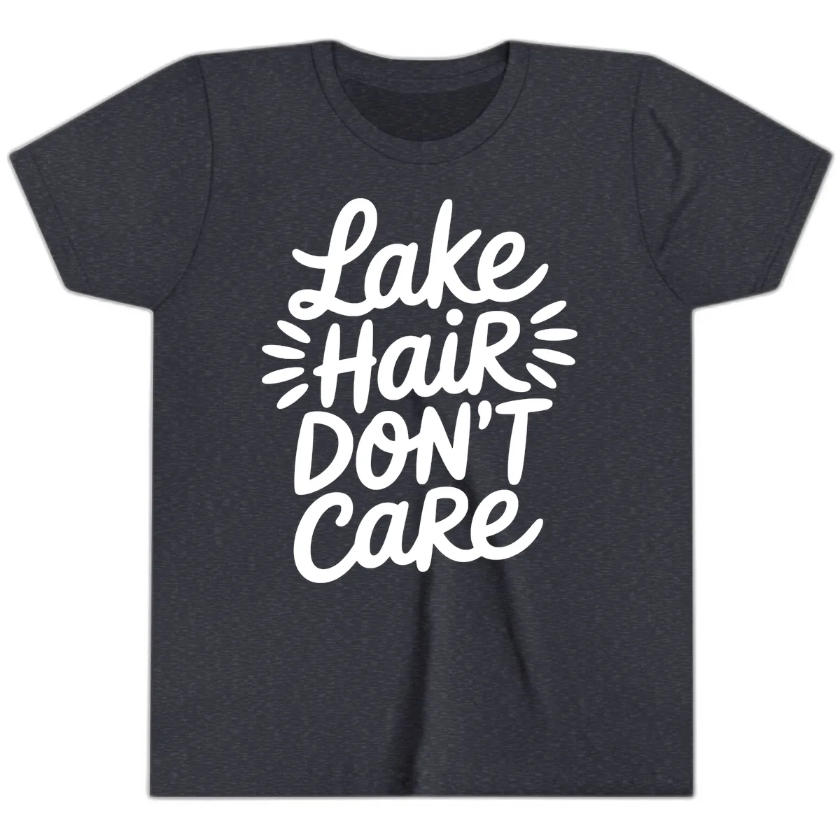 Lake Hair Don't Care Typography Design Youth T-Shirt in Heather Navy