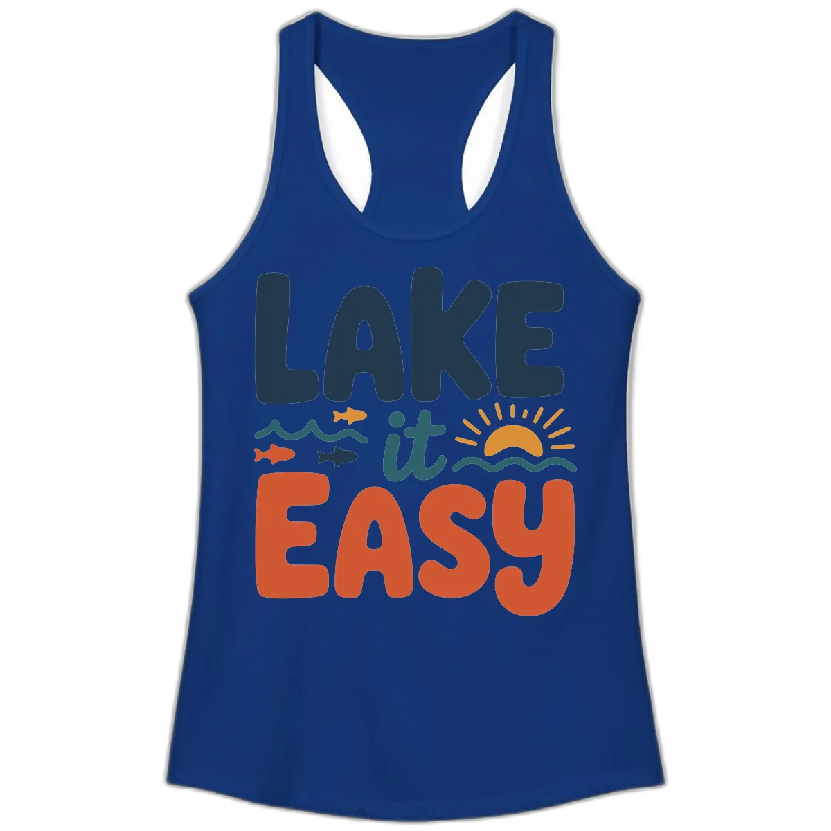 Lake It Easy Lifestyle Graphic Ladies Tank in Solid Royal