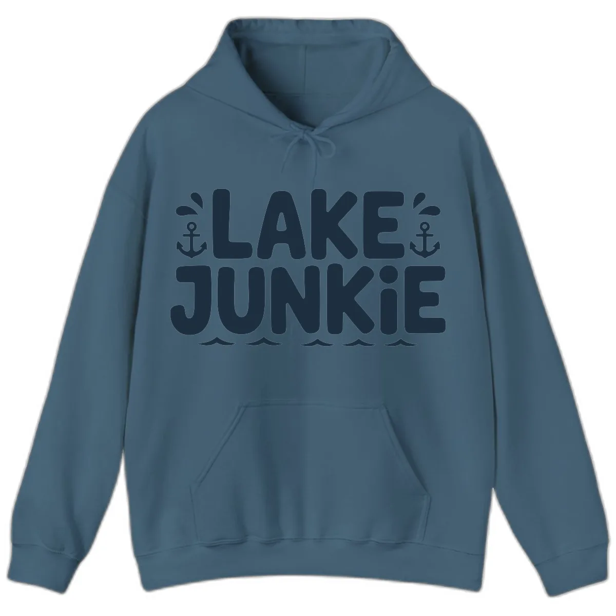 Lake Junkie Typography Design Hoodie in Indigo Blue