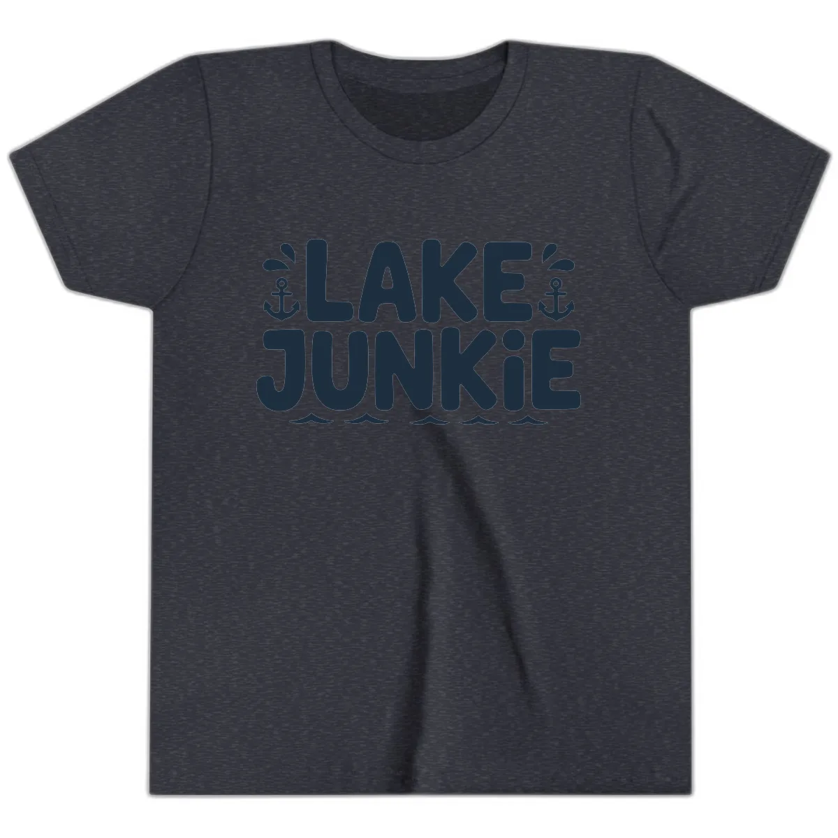 Lake Junkie Typography Design Youth T-Shirt in Heather Navy