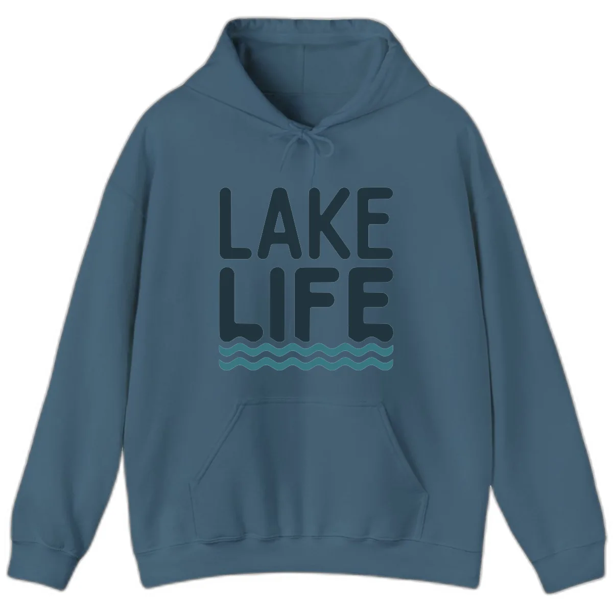 Lake Life Typography Design Hoodie in Indigo Blue