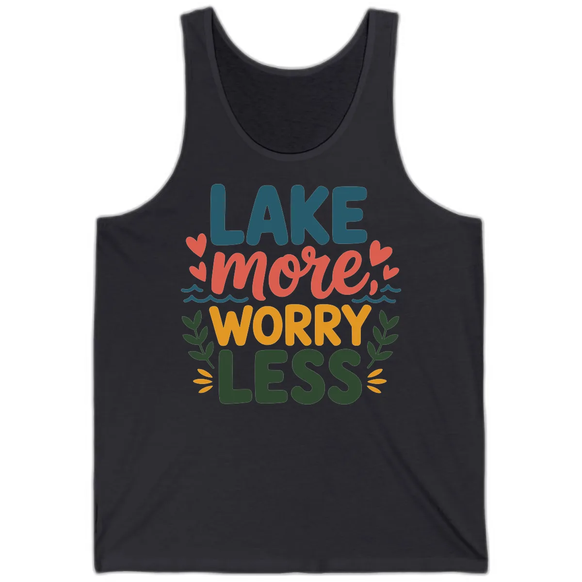 Lake More Worry Less Sentiment Design Tank in Dark Grey