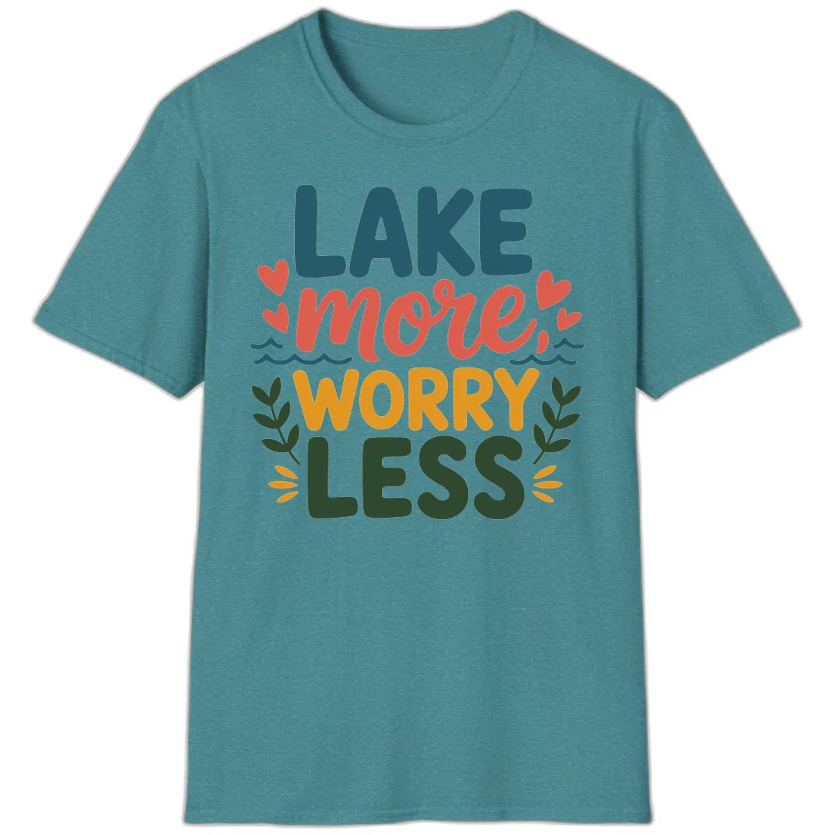 Lake More Worry Less Sentiment Design T-Shirt in Heather Galapagos Blue
