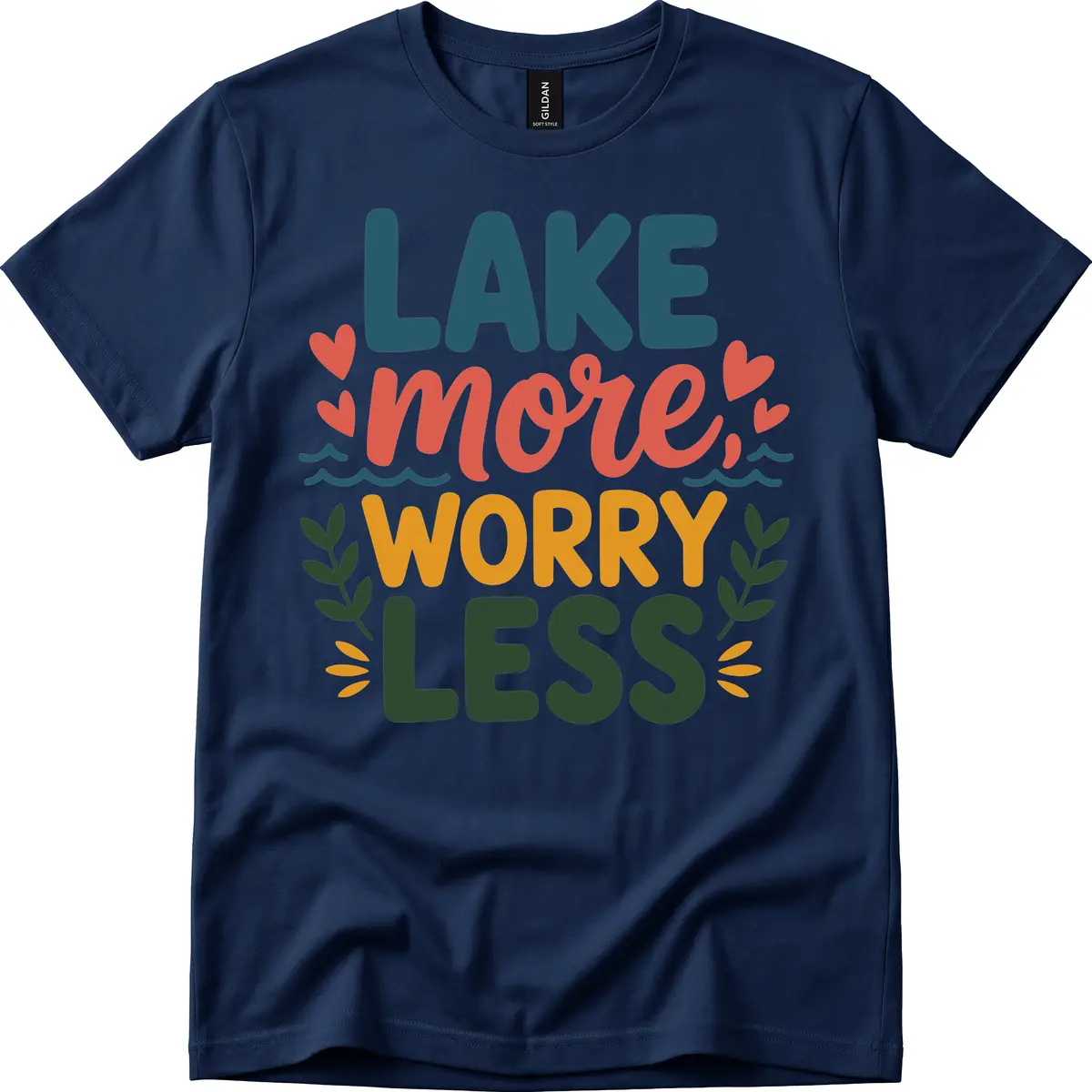 Lake More Worry Less Sentiment Design T-Shirt in Navy