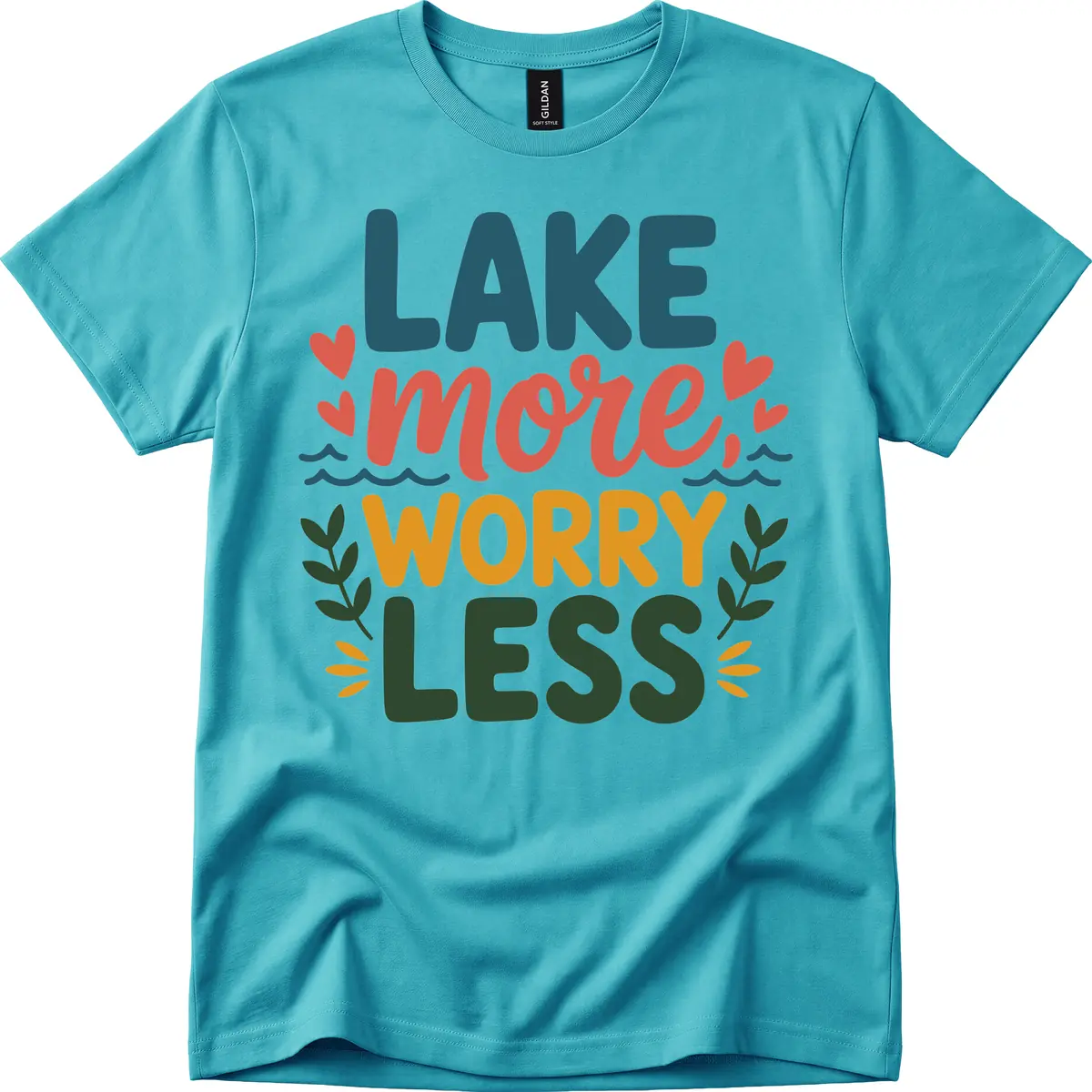 Lake More Worry Less Sentiment Design T-Shirt in Tropical Blue