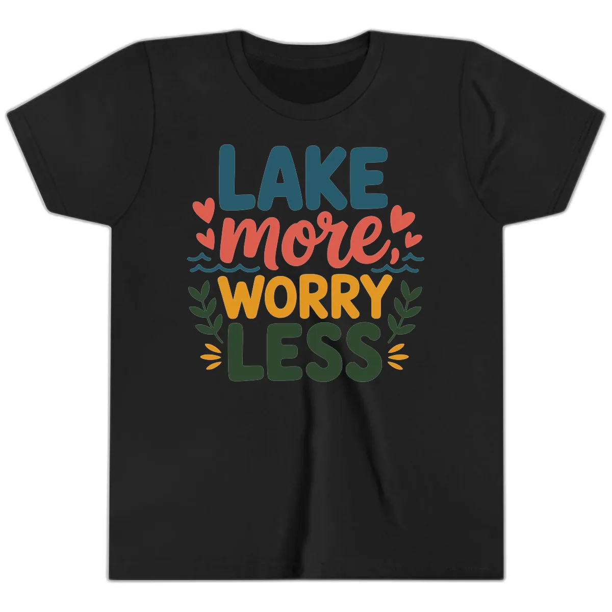 Lake More Worry Less Sentiment Design Youth T-Shirt in Black