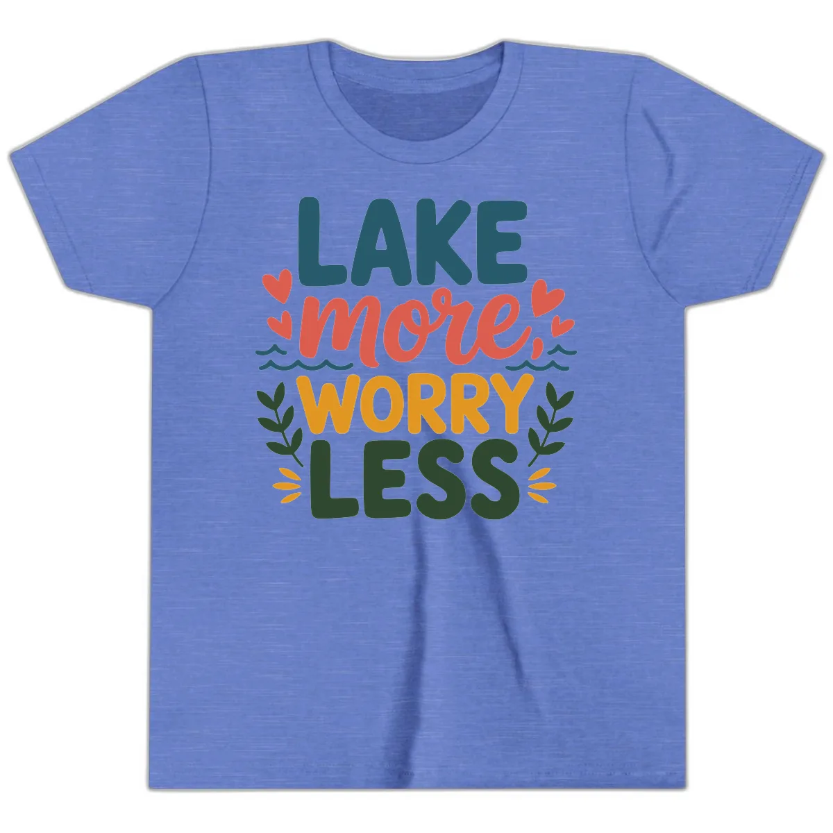 Lake More Worry Less Sentiment Design Youth T-Shirt in Heather Columbia Blue