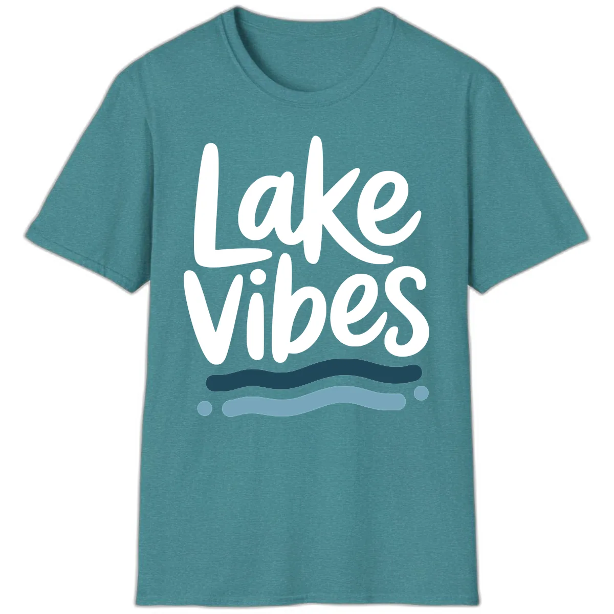 Lake Vibes Typography Design T-Shirt in Heather Galapagos Blue