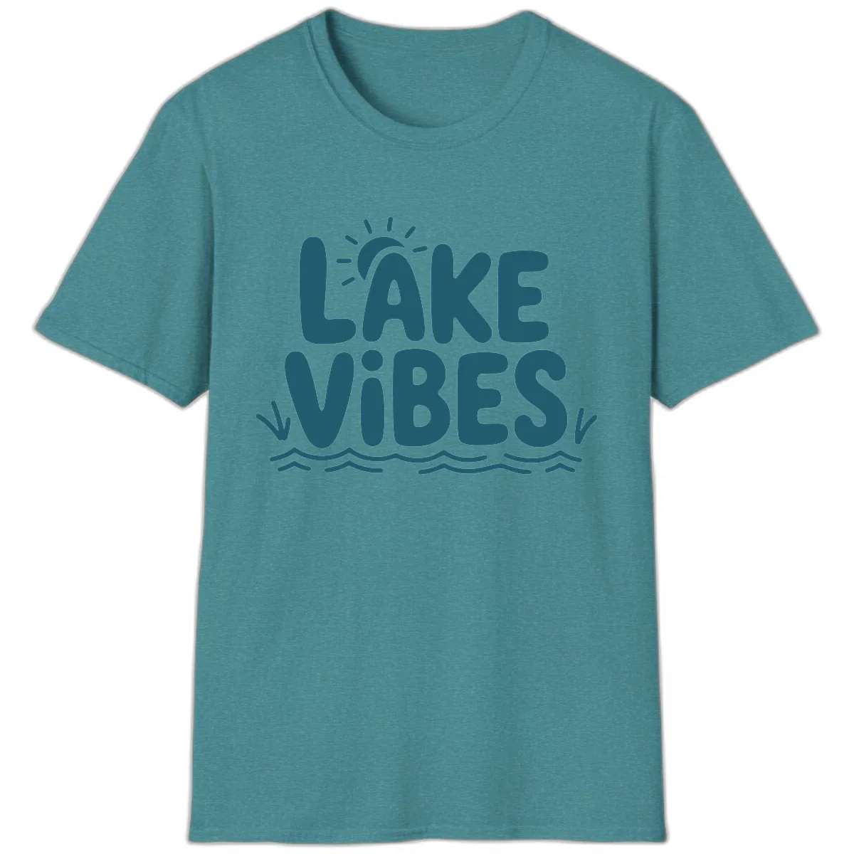 Lake Vibes Typography Design T-Shirt in Heather Galapagos Blue