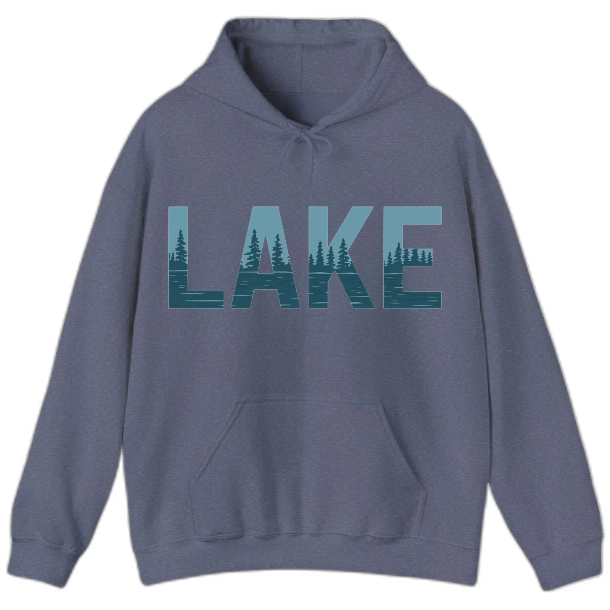 Lake Nature Scene Typography Hoodie in Heather Navy