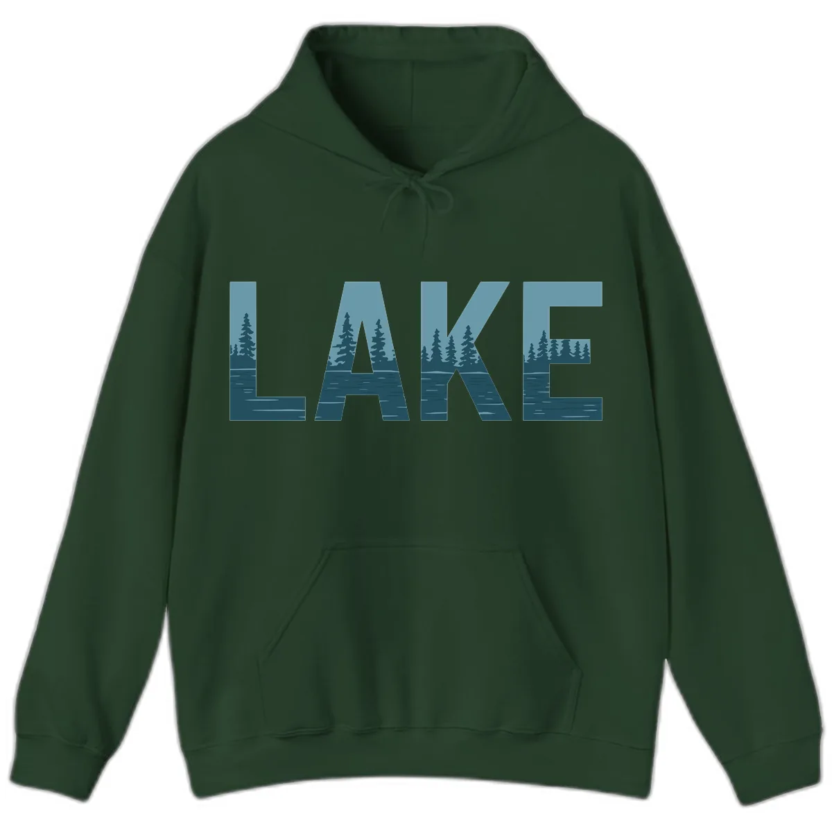 Lake Nature Scene Typography Hoodie in Forest Green