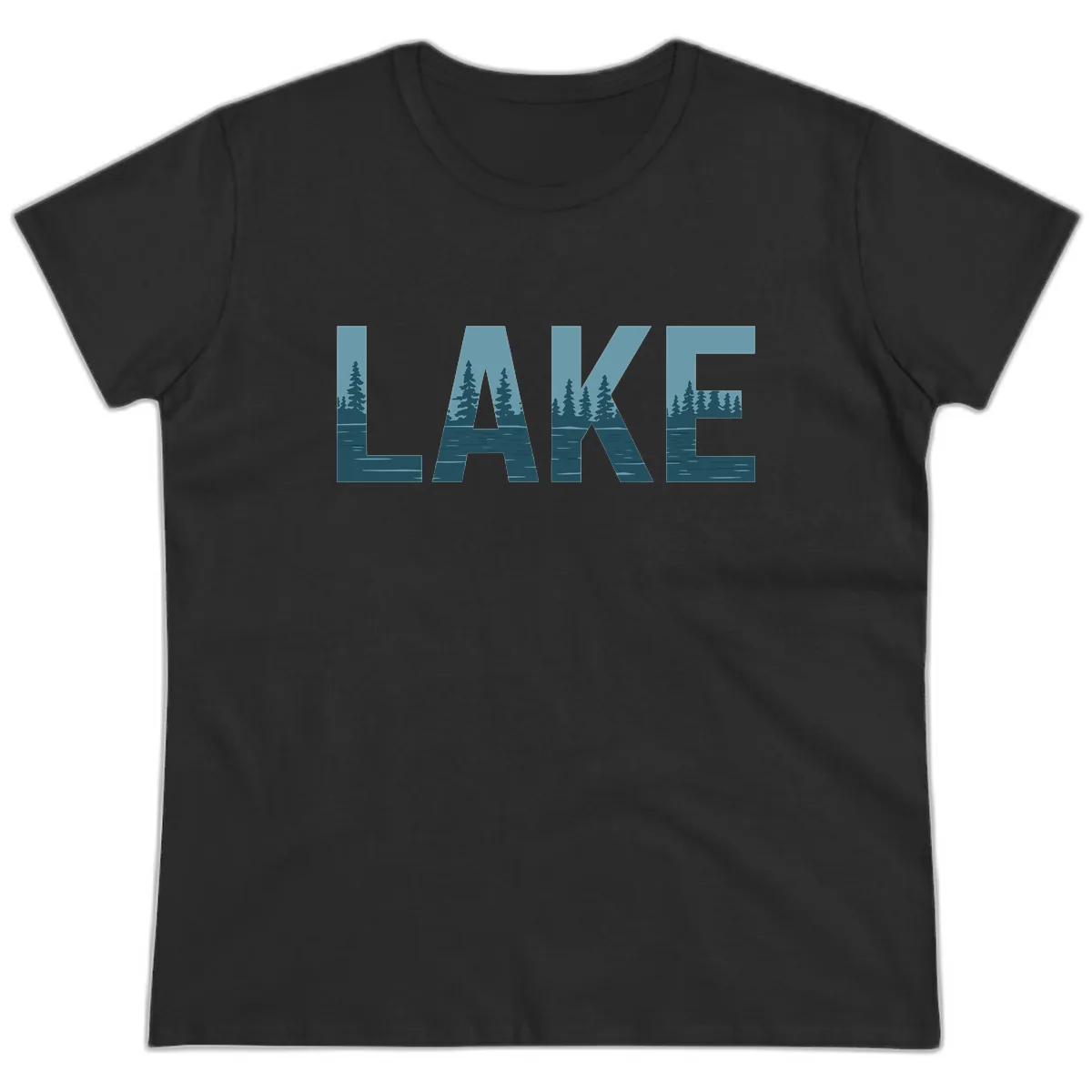 Lake Nature Scene Typography Ladies Tee in Black