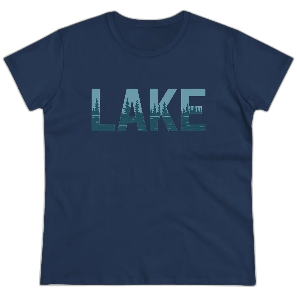Lake Nature Scene Typography Ladies Tee in Navy