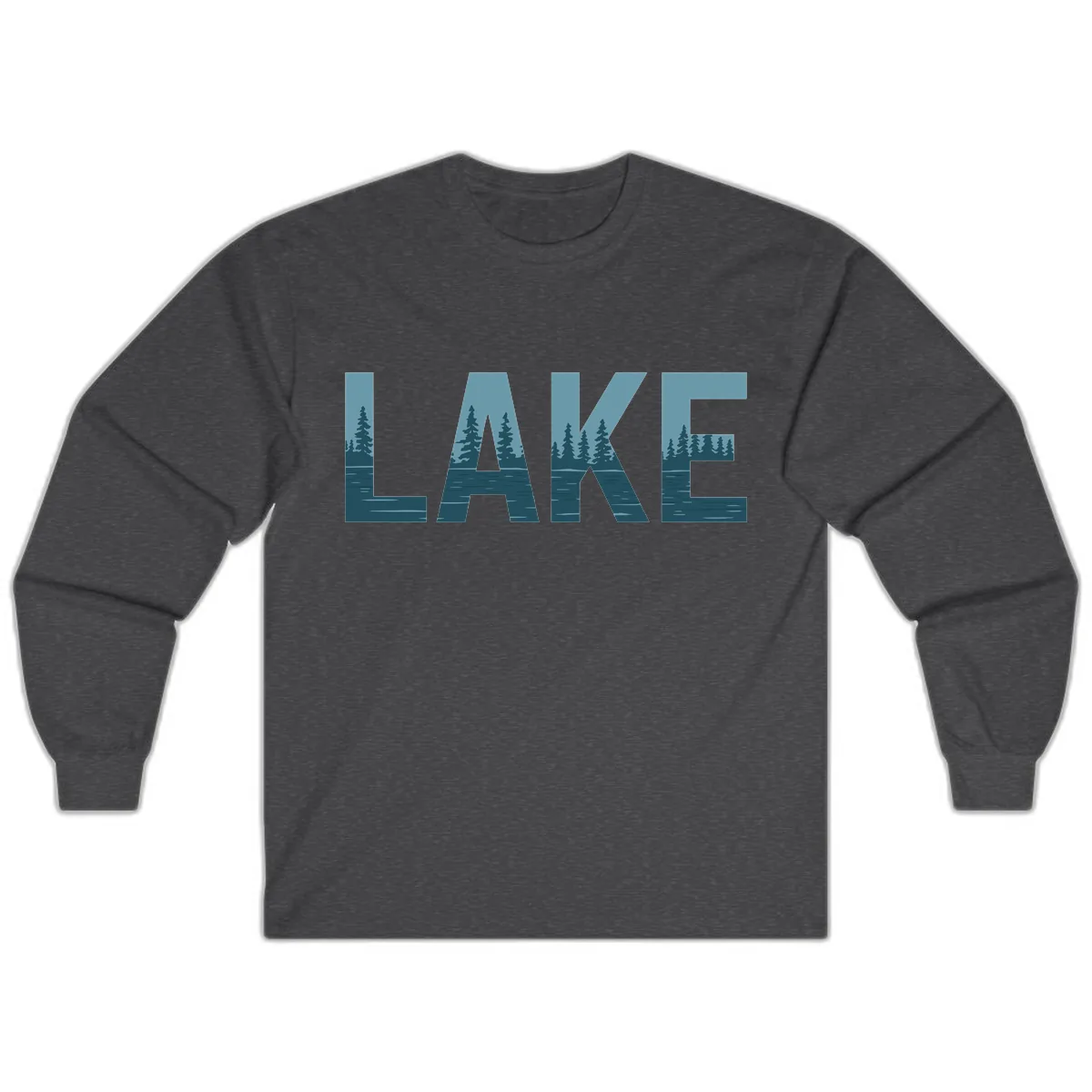Lake Nature Scene Typography Long Sleeve in Dark Heather