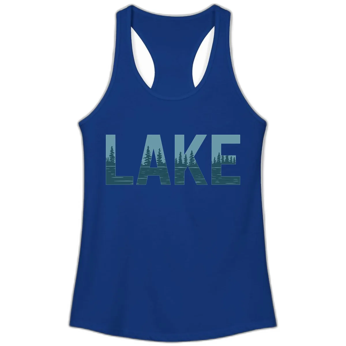 Lake Nature Scene Typography Ladies Tank in Solid Royal