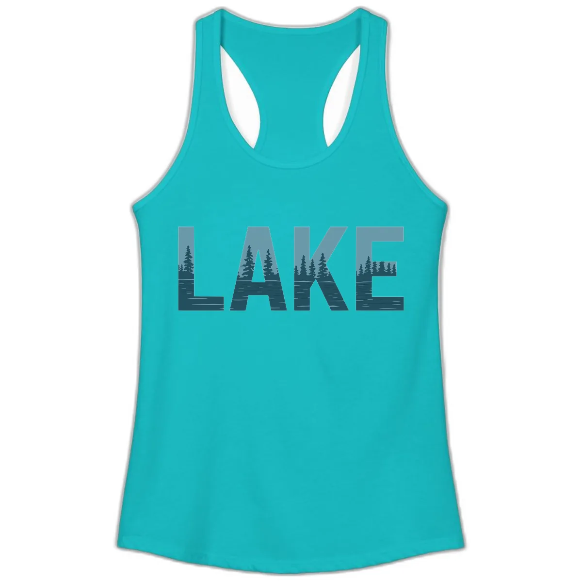 Lake Nature Scene Typography Ladies Tank in Tahiti Blue