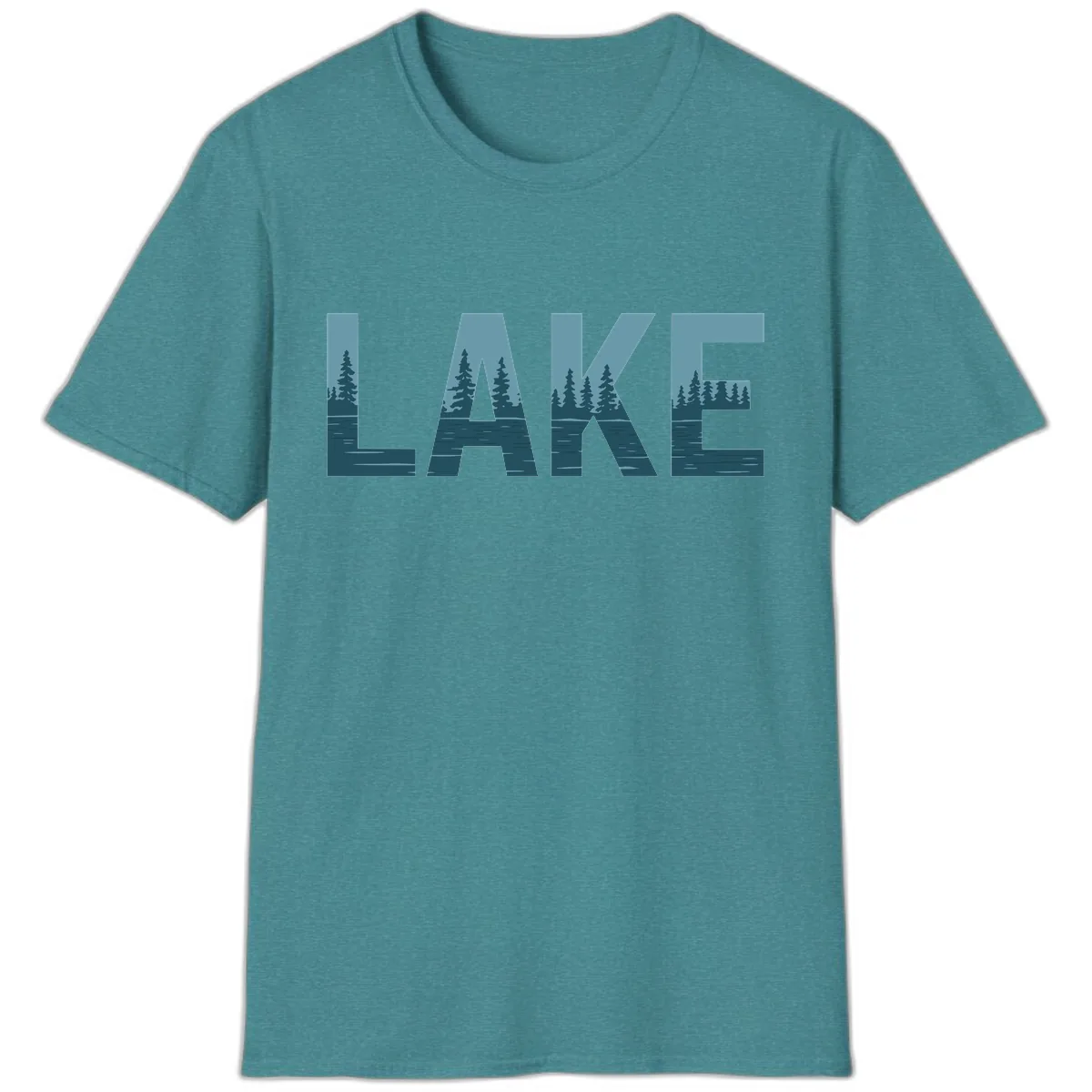 Lake Nature Scene Typography T-Shirt in Heather Galapagos Blue
