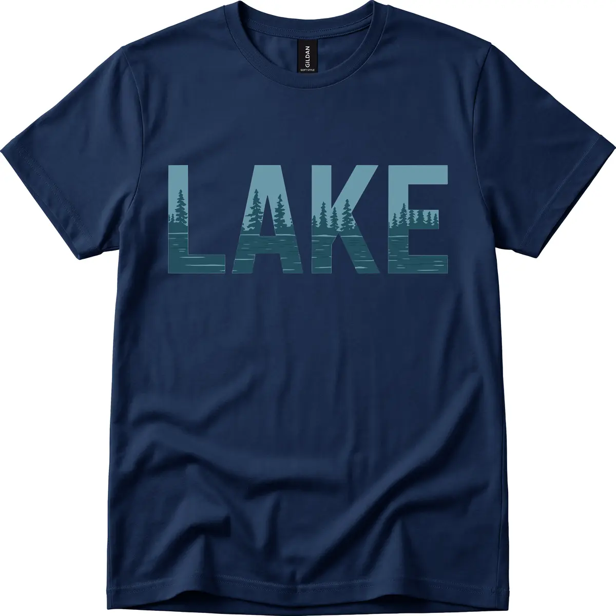 Lake Nature Scene Typography T-Shirt in Navy