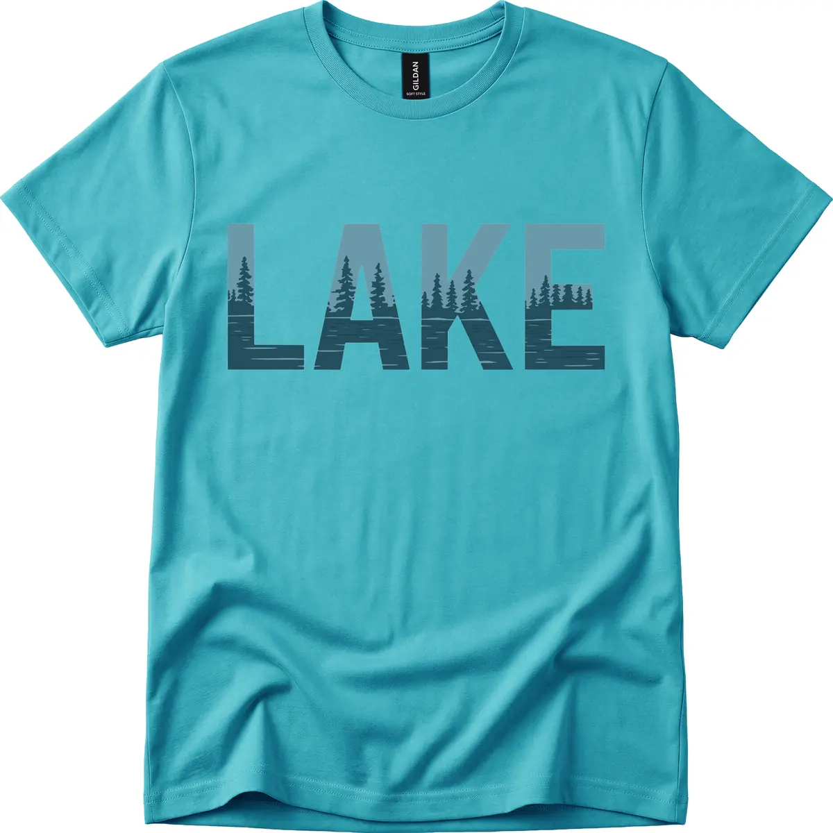 Lake Nature Scene Typography T-Shirt in Tropical Blue
