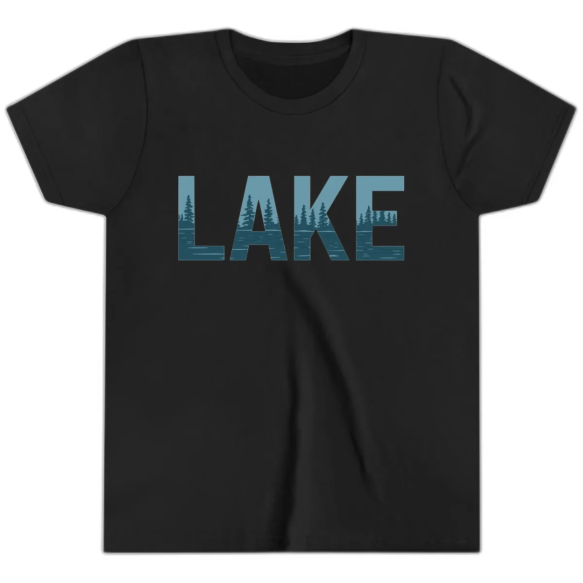Lake Nature Scene Typography Youth T-Shirt in Black
