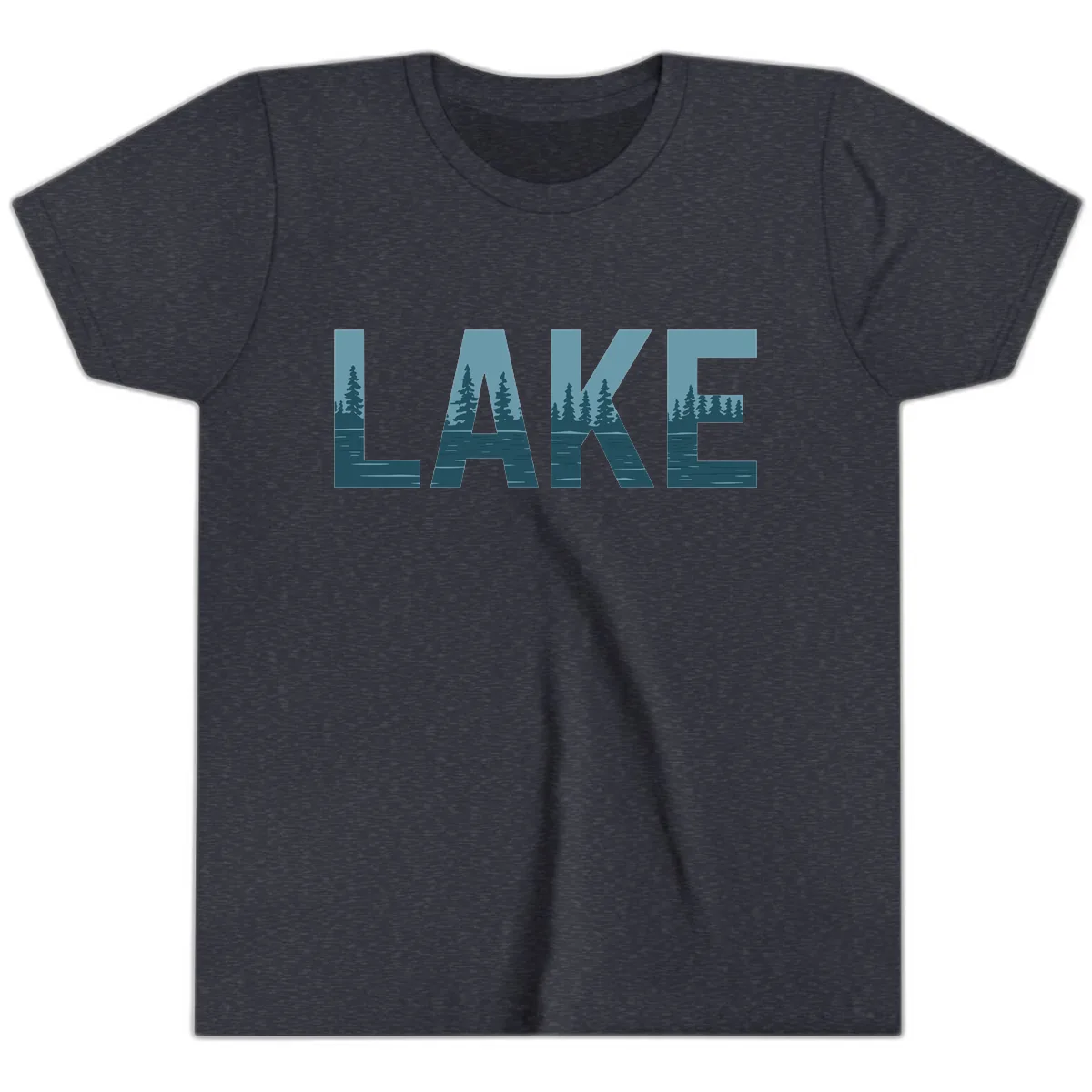 Lake Nature Scene Typography Youth T-Shirt in Heather Navy