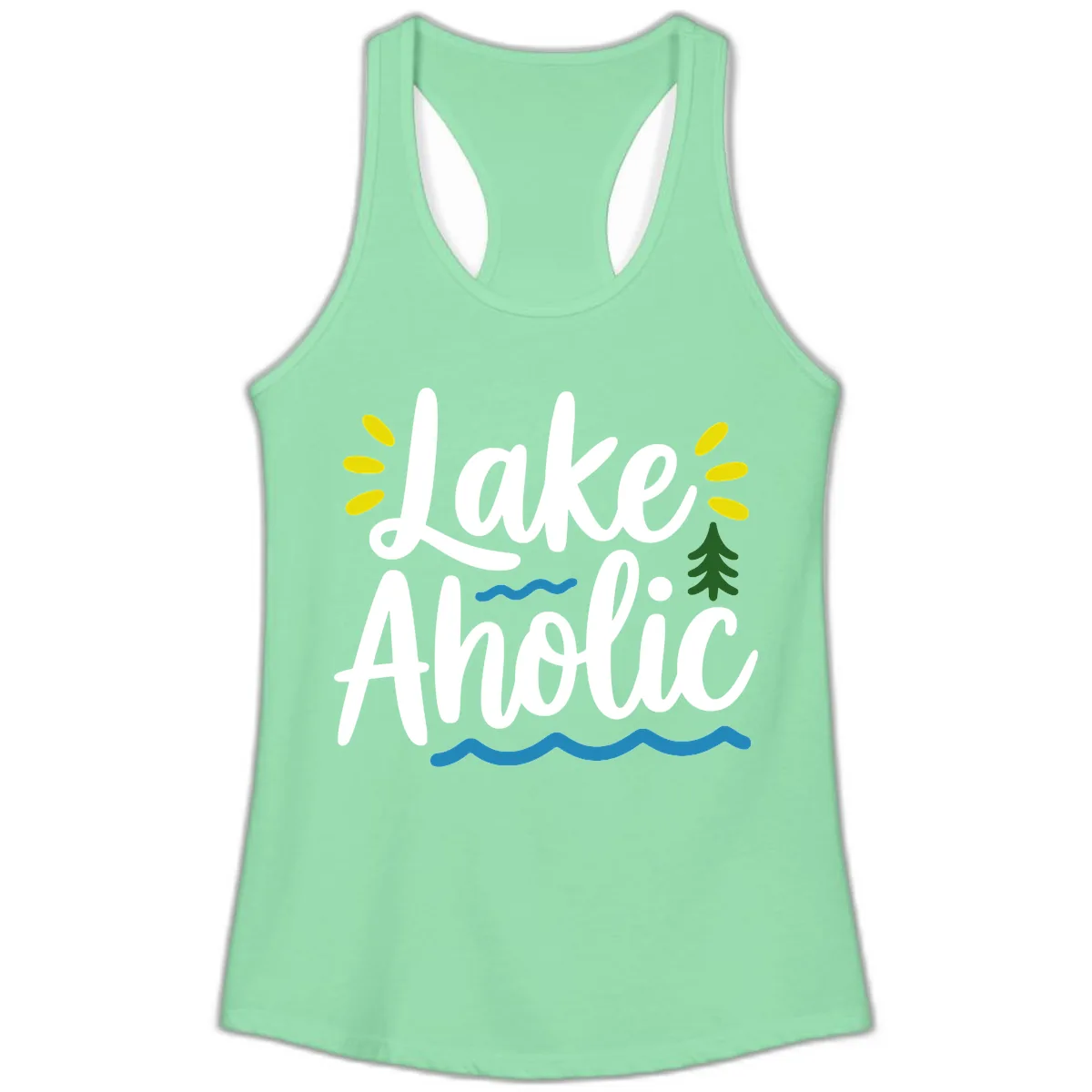 Lakeaholic Typography Design Ladies Tank in Solid Mint