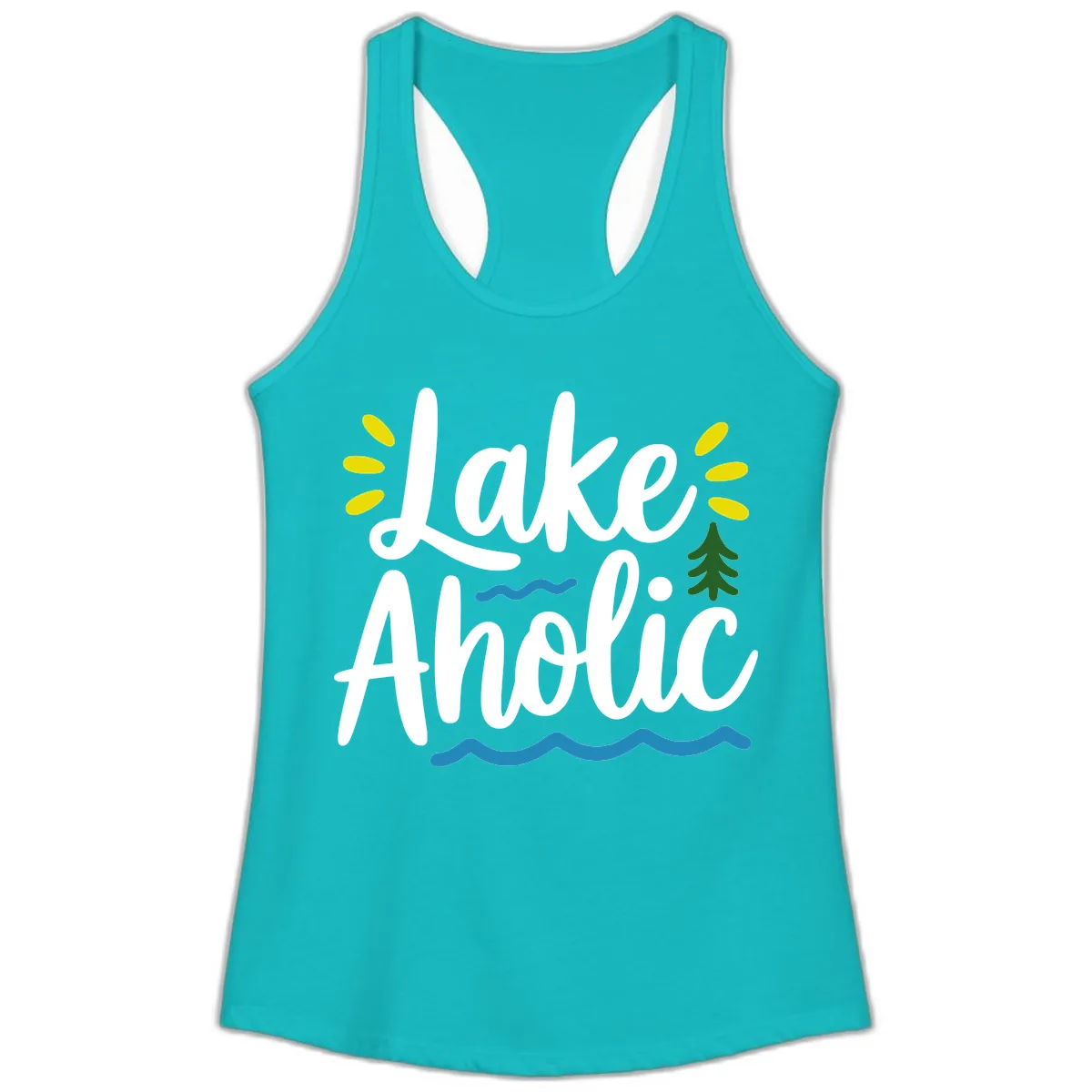 Lakeaholic Typography Design Ladies Tank in Tahiti Blue